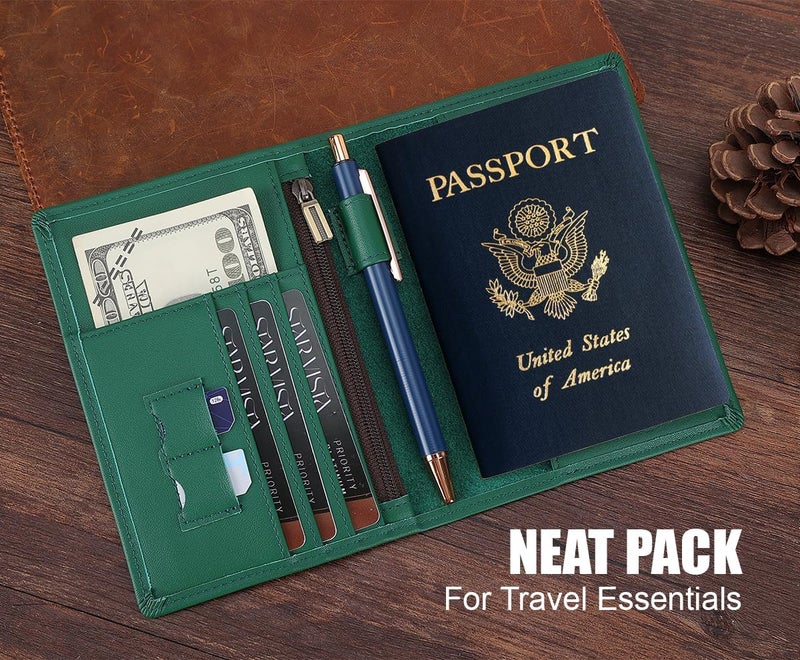 STAR VISTA Phoenix Leather Passport Holder, Calfskin Travel Wallet - RFID Blocking, ID Window, Zipper Pocket, Pen & Notebook Included, Mint - Image 3